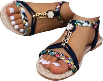 Generic Womens Strappy Flat Sandals Dressy Summer 2026 Open Toe Casual Bohemian Orthopedic Ankle Strap Flip Flops Comfortable Wide Width Jeweled Beaded Beach 