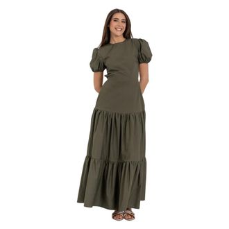 Kocca Maxi Dresses, female, Green, Size: XS Long Cotton Dress with Open Back and Puff Sleeves