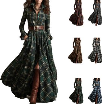 Generic Shirt Dress Plaid Maxi Shirt Dress Womens Long Sleeve Button Front Plaid Maxi Dresses V-Neck Button Split Dresses with Pockets Retro Western Cowboy St