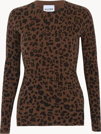 Kujten Womens Crewneck Cashmere Sweater In Marron Leoprint
