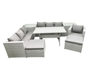 Fimous 9 Pieces Outdoor Rattan Sofa Set with Cushions Patio Garden Furniture Sets with Armchair Dining Table 2 Side Tables 2 Big Footstools