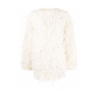 Valentino Round-neck Knitwear, female, Beige, S, Feather-Embellished Wool Jumper