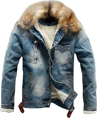 Generic Mens Faux Fur Collar Sherpa Fleece Lined Distressed Denim Trucker Jacket Fur Jacket Mens Denim Jackets 2025 Trendy