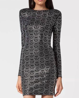 Philipp Plein Long Sleeve Monogram Mini Dress In Black