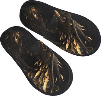 Generic House Shoes Black And Gold Fire Dragon Print Comfortable Ladies Slippers Cosy Lightweight Winter Slippers Travel Indoor L