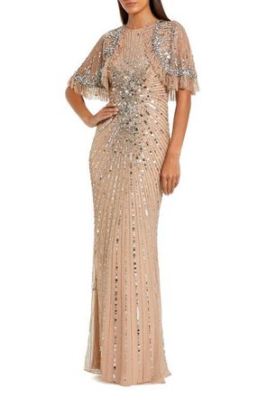 Mac Duggal Beaded Mesh Fitted Capelet Gown in Nude Silver at Nordstrom, Size 18