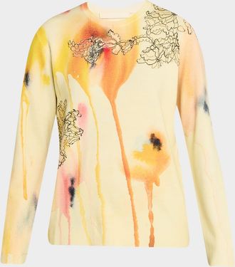 Jason Wu Lace-Trim Watercolor Floral Print Crewneck Sweater