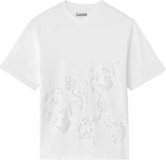 Ganni WIT T-Shirt MET Broderie Anglaise - Heren - T-shirts - Wit - M - Katoen - Tops