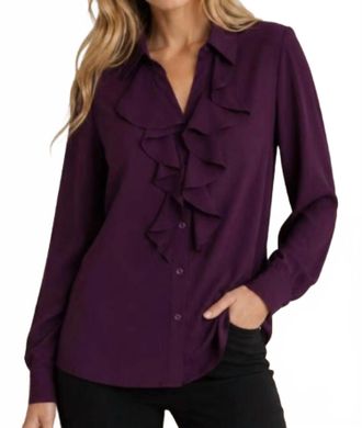 Calvin Klein Ruffle Front Long Sleeve Blouse In Aubergine