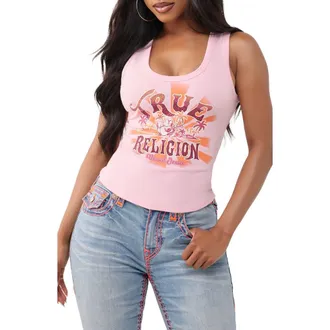 True Religion World Tour Logo Cotton Graphic Tank in Orchid Pink at Nordstrom, Size Xx-Large