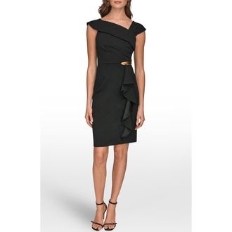 DKNY Buckle Detail Asymmetric Neck Sheath Dress in Black at Nordstrom, Size 16