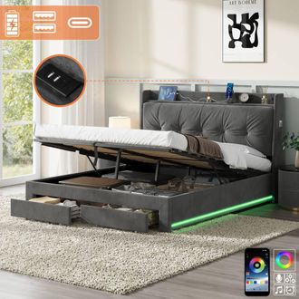 Matteo King Grey Velvet Upholstered Ottoman Bed Frame with LED & USB