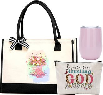 Generic Handbag Set, Personalized Canvas Tote Bag for Women With Insulated Stainless Steel Wine Tumbler and cosmetic bag, Gifts for Women, Mom, Teachers - 43C