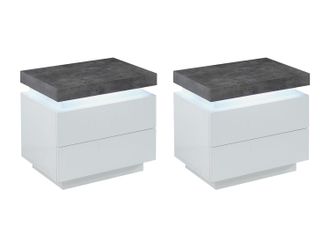 Vente-Unique Conjunto de 2 mesitas de noche - 2 cajones - MDF Lacado - Con LEDs - Color: Blanco y cemento - HALO II
