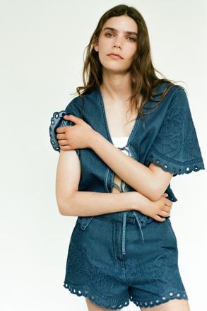 H&M Embroidered Denim Blouse in Dark Denim Blue at Nordstrom, Size Medium