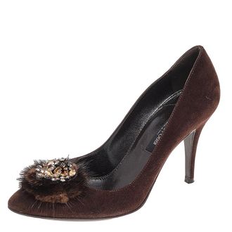 Sergio Rossi Brown Suede Embellished Pumps