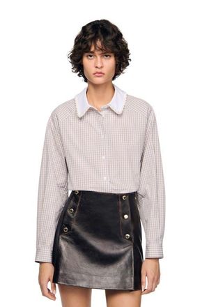 Sandro Plaid and pearl collar shirt in Beige /White at Nordstrom, Size X-Large
