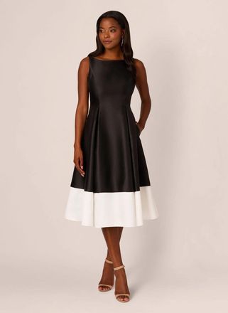 Adrianna Papell Midi Dress Womens Black Mikado Pleated Boat Neck Party GBO753