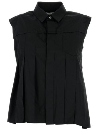 sacai pleated asymmetric shirt - women - Polyester/Cotton - 3 - Black