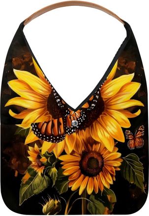 Generic Sunflower and Butterfly Painting Reusable Lightweight Grocery Bags - Foldable Into Compact Pouch, Washable & Sturdy, Multipurpose for Shopping and Tra