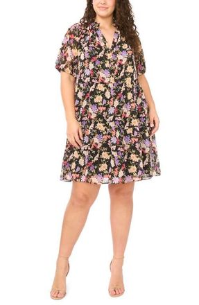CeCe by Cynthia Steffe Floral Short Sleeve Babydoll Dress in Rich Black at Nordstrom, Size 2 X