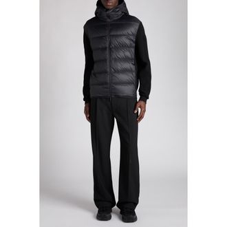 Moncler Cotton Knit & Down Hooded Cardigan in Black at Nordstrom, Size Xxx-Large