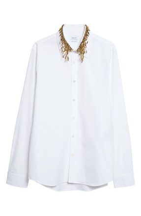 Alexander McQueen Gold Leaves & Crystal Embroidered Collar Cotton Poplin Button-Up Shirt in White at Nordstrom, Size 16.5