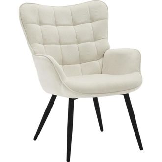 Woltu Woltu Sill&oacute;n Con Respaldo Alto Y Reposabrazos. Asiento De Pana. Patas De Metal. Estampado De Cuadros. Crema