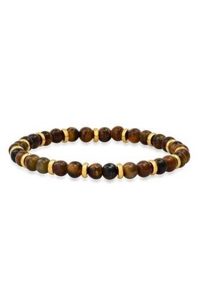 HMY Jewelry Mens 18K Gold Plated Tigers Eye Beaded Stretch Bracelet in Brown/Yellow at Nordstrom Rack