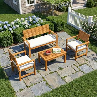 OUTSUNNY 4 Seater Wooden Garden Furniture Set with Loveseat, Chairs, Table in Cream | Size: 120 cm