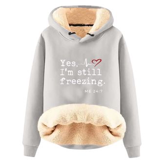 Generic Fleece Sweatshirt for Women Warm Plush Top Womens Long Sleeved Letter Print Velvet Warm Hooded Sweatshirt Outwear for Workout Hiking Xmas Gifts (Grey,