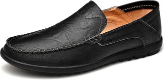 Generic Mens Loafers Stitching Details Flat Heel Moccasins Shoes Leather Flat Heel Resistant Flexible Wedding Slip On(Black,5.5 UK)