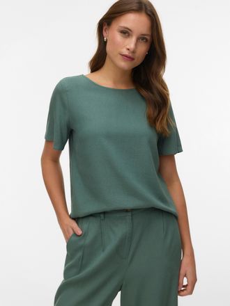 Vero Moda Blusenshirt VERO MODA VMMYMILO SS O-NECK TOP WVN GA, Damen, Gr. XL, laurel wreath, Web, Obermaterial: 55% Viskose, 45% Leinen, unifarben, regular fit 