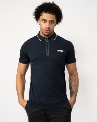 HUGO BOSS Philix Mens Slim Fit Zip-Neck Polo Shirt - Dark Blue Cotton - Size Medium