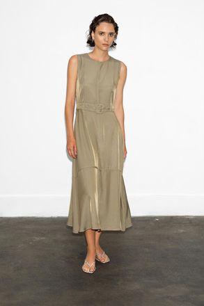 French Connection Womens Khaki Sleeveless Round Neck Buckle Cargo-Style Midi Dress - Size 10 UK