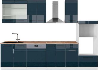 Vicco Cucina componibile Fame-Line, Blu scuro lucido/bianco, 300 cm con armadio alto, PL Rovere, Vicco