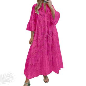 Generic Womens Lace Eyelet Embroidery Maxi Dress, V-Neck Button Trumpet Sleeve Boho Flowy Swing A Line Dress (Rose,XXL)