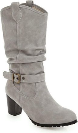 Generic Womens Lined Mid-Calf Boots with Block Heel, Fashionable Slouch Boots Made of PU Leather with Buckle Straps Round Toe Slip-On Shoes Autumn Winter Shoe