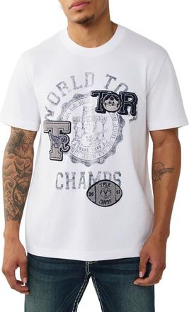 True Religion World Tour Champs Boucl&eacute; Patch Cotton Graphic T-Shirt in Optic White at Nordstrom, Size Xxx-Large