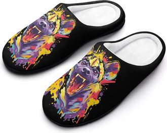Generic Colorful Graffiti Art Hyena Mens House Slippers Memory Foam Washable Cotton Slip on Home Shoes