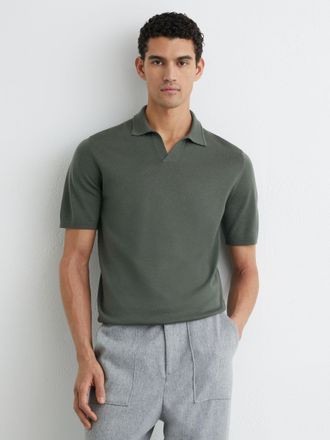 Reiss Kale Green Merino Wool Open-collar Polo Shirt, S