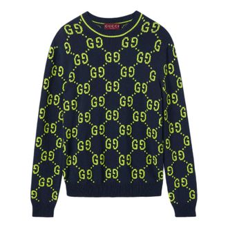 Gucci GG Cotton Jacquard Crewneck Sweater Navy Lime Green 791043-XKD35-0401