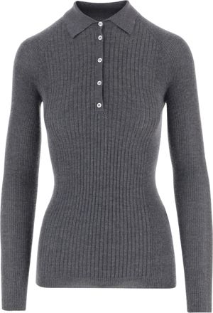 SA SU PHI Gray Ribbed Cashmere-Silk Polo Shirt