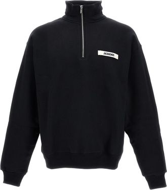 Jacquemus High Neck Zip Sweatshirt with Logo Detail and Gathered Cuffs