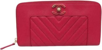 Chanel Pre-owned Wallets, female, Pink, Size: ONE SIZE Pre-owned V stitch Long wallet (bi-fold)
