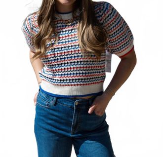 Peach Love California Contrast Color Rib Short Sleeve Sweater In White/ Navy/ Coral