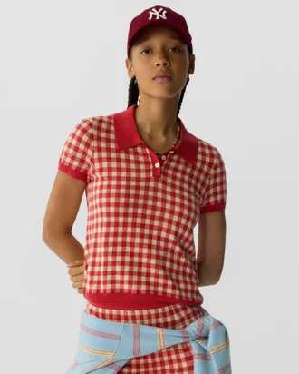 Guest In Residence Gingham Shrunken Polo Shirt In Scarlet Mist