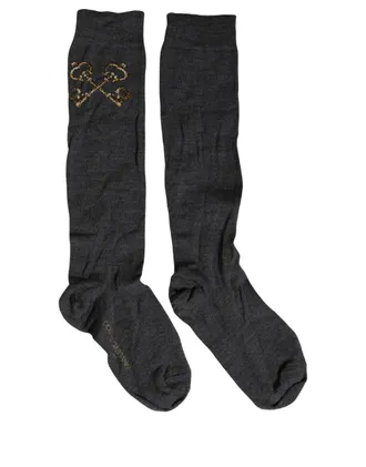 Dolce & Gabbana Womens Dark Gray Wool Over The Calf Knee High Accessory Socks Virgin Nylon Elastane Clothing
