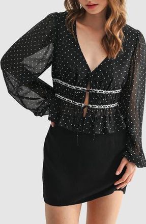 All in Favor Lace Inset Tie Front Top in Black White Dot at Nordstrom Rack, Size Small
