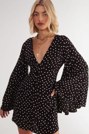 NASTY GAL Womens Polka Dot Button Down Extreme Flared Sleeve Mini Dress - Monochrome Multi - Size 10 UK